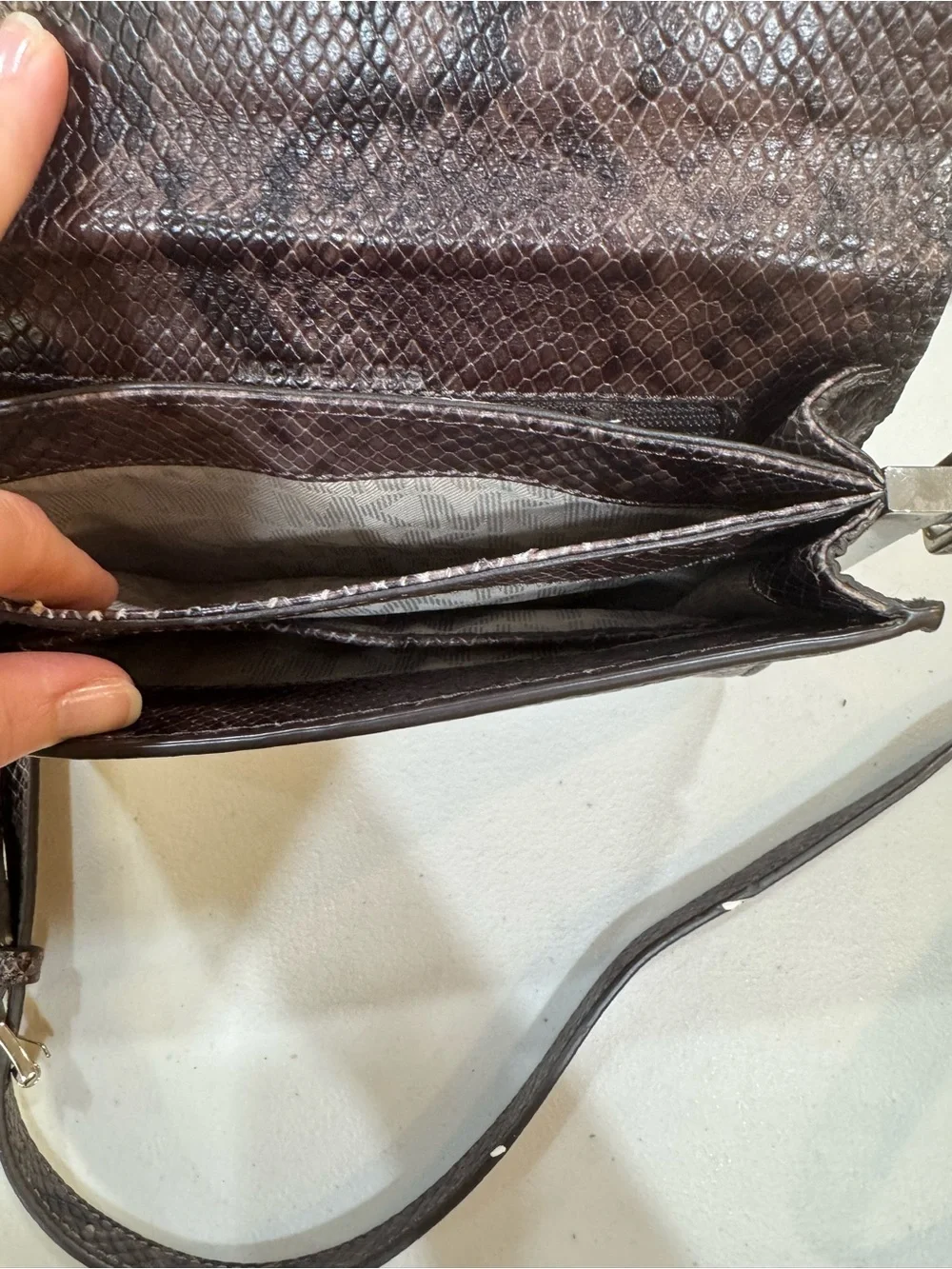 Michael Kors Dark Brown Snake-Embossed Crossbody with Chain